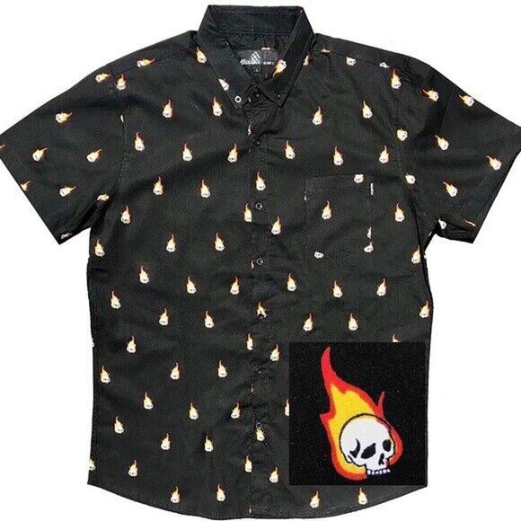 Molokai Surf Co Shirt Men L Short Sleeve Chest Pocket Fireball Flaming Skull NWT - Picture 1 of 9